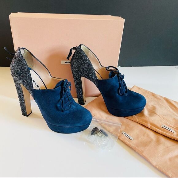 Miu Miu Calzature Donna Oltremare Blue Camoscio Glitter Ankle Bootie Platform - Picture 5 of 8